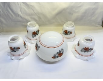 Vtg Ceiling Fan Vanity Milk Glass Light Shade Floral Red & Gray 5 Piece Set