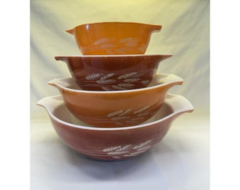 Vintage Pyrex Autumn Harvest Wheat Cinderella Mixing Bowl Set 441 442 443 444
