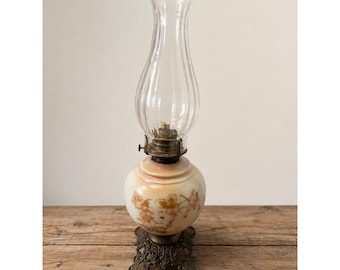 Antique Parlor Oil Lamp Hand Painted Floral Design Clear Heavy Chimney
