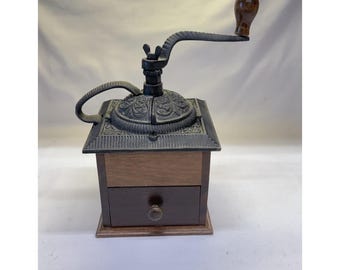 Vintage Cast Iron & Wood Hand Cranked Coffee Grinder With Drawer