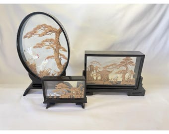 Chinese 3 Pieces Cork Art Carvings Diorama in Black Lacquer Glass Cases