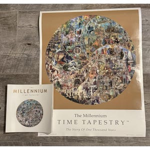 May include: A poster and booklet titled "The Millennium Time Tapestry." The poster displays a detailed circular collage of historical figures and events. The booklet has a similar design. The text on the poster reads "The Story Of One Thousand Years."