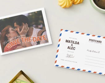 Save the Date Postcard 'Greetings From' Vintage Style | Weddings | Canva Template | Instant Download