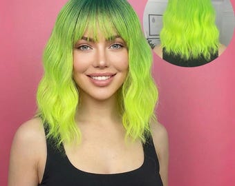 Green wig Swisslace Bob layered wig new style Polaris Green Bob Wave Synthetic lace front wig  main image 2