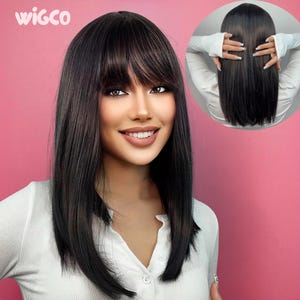 Black Straight Wig with Bangs | Short 16 Inch Glueless Wig for Women | WigCo