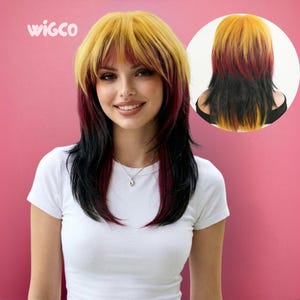 Multicolor Layered Wig With Bangs | Black Red Blonde Shag Wig | WigCo