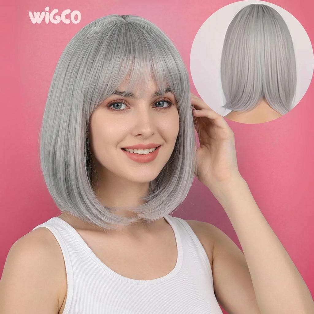 Short Silver Grey Wig 12 Inch Bob Wig Straight with Curtain Bangs Salt and Pepper WigCo