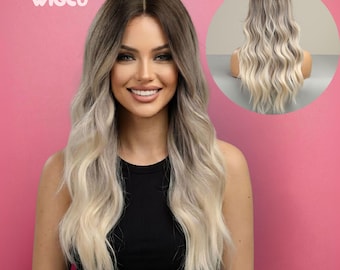 Peluca rubia ceniza ombré, peluca rubia ondulada con raíces, peluca larga de 20 pulgadas / WigCo