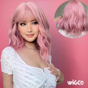 Pink Wig with Bangs | 14 Inch Short Wavy Glueless Synthetic Wig | Pastel Rose Pink | Heat-Resistant | WigCo