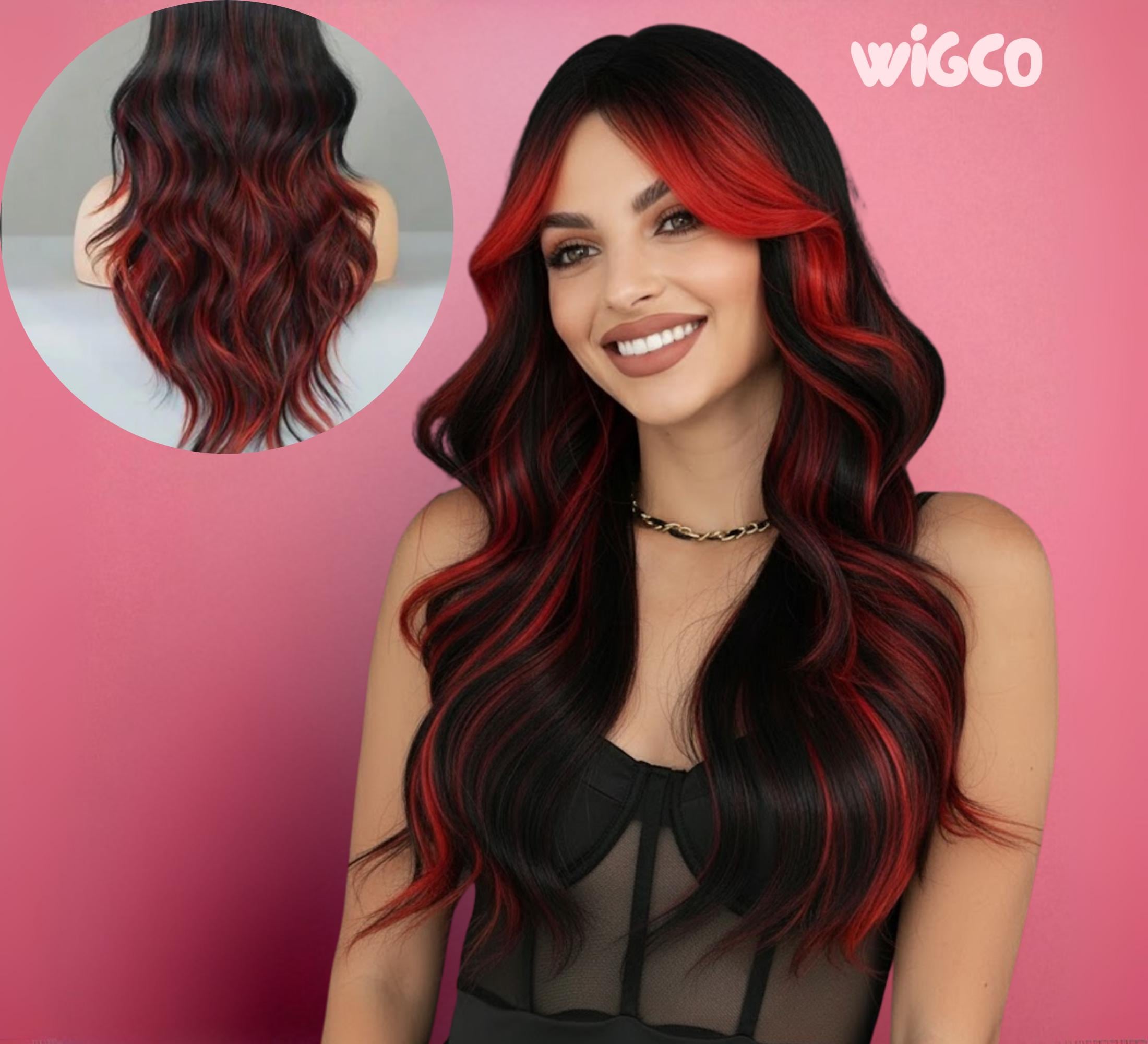 Black Wig With Red Highlights | 26 Inch Long Wavy Glueless 