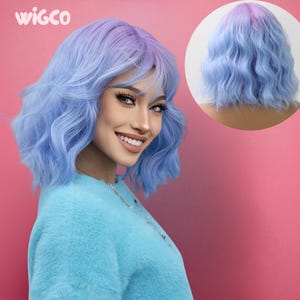 Purple Blue Wig with Bangs | 14” Short Wavy Glueless Wig | Lavender to Sky Blue Ombre | Heat-Resistant | 150% Density | WigCo