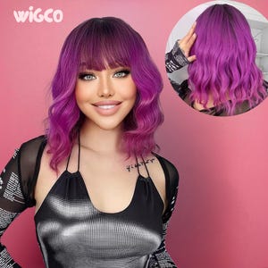 Neon Pink Wig with Bangs | Bold Magenta Purple 14 Inch Short Wavy Wig | Pre-Styled & Glueless | WigCo