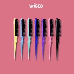 May include: A collection of seven colorful wig combs arranged on a pink background. The combs feature a variety of colors, including yellow, blue, green, purple, pink, and black. The text "WIGCO" is displayed at the top.