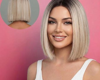 Icy Blonde Bob Wig Short Straight 12 Inch Glueless Wig with Dark Root | WigCo