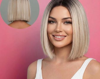 Icy Blonde Bob Wig Short Straight 12 Inch Glueless Wig with Dark Root | WigCo