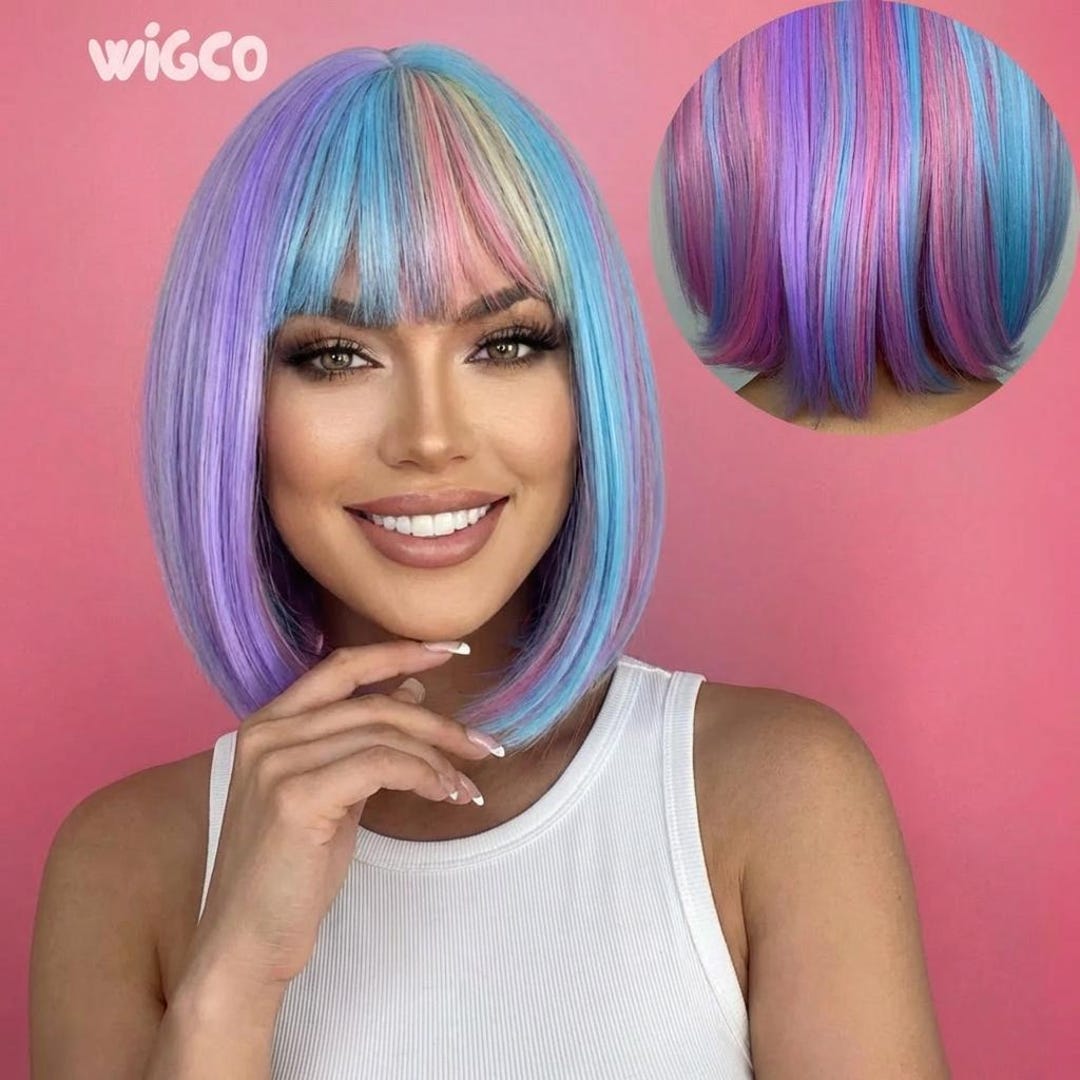 Short Neon Rainbow Wig With Bangs 10 Inch Colourful Bob  display picture 1