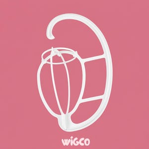 May include: A white wig stand with a curved hook and a cage-like structure for holding wigs. The stand is made of plastic and is set against a pink background. The word "wigco" is printed at the bottom.