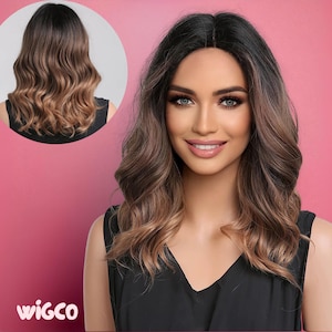 Ombre Brown Wig with Blonde Highlights | 14 Inch Wavy Brunette Wig with Bangs | Glueless Face Framing Money Piece | WigCo