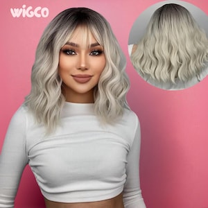 Blonde Wig with Bangs | 14” Short Wavy Glueless Synthetic Wig | Ash Blonde with Dark Roots | Heat-Resistant | 150% Density | WigCo