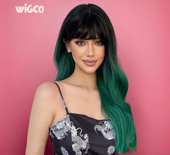 Long Ombre Green Wig With Bangs | Wavy Rooted 22 Inch  display picture 3