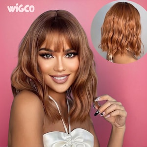 Copper Wig with Bangs | 14” Short Wavy Red Wig | Heat-Resistant Glueless | Warm Auburn Red | 150% Density | WigCo