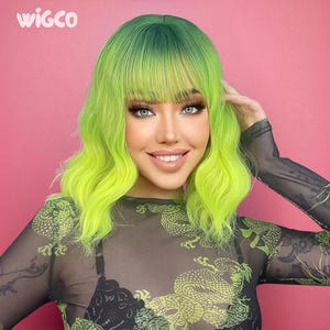 Neon Green Wig with Bangs | Bold Lime Green Ombre | 14 Inch Wavy Bob Wig | Pre-Styled & Glueless | WigCo