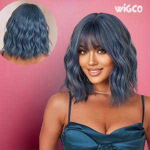 Blue Wig with Bangs | 14 Inch Short Wavy Glueless Synthetic Wig | Heat-Resistant | Pastel Blue Bob | WigCo