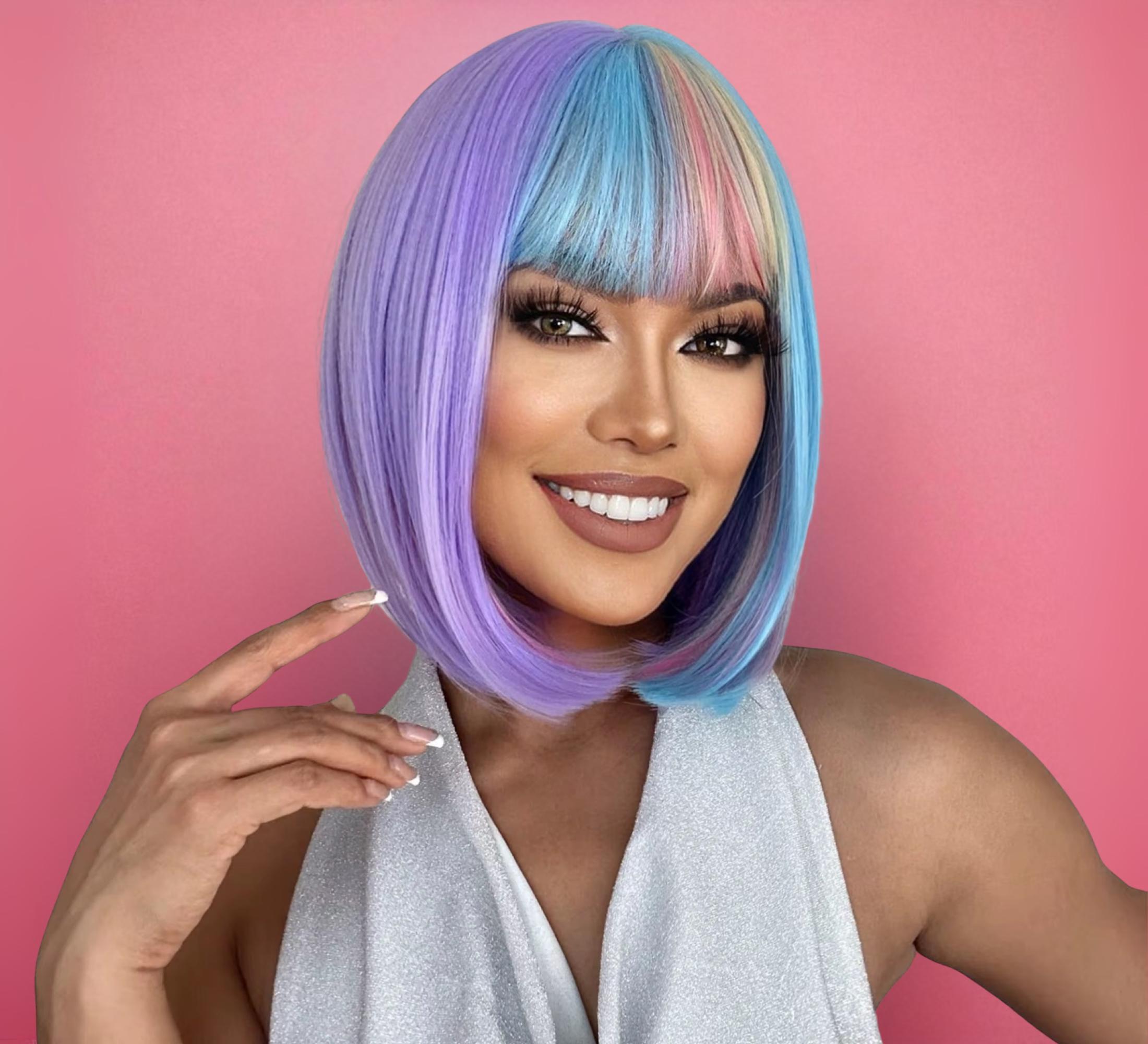 Short Neon Rainbow Wig With Bangs 10 Inch Colourful Bob 