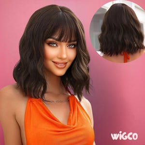 Short Dark Brown Wig with Bangs | 14” Short Wavy Glueless Wig | Dark Chocolate Brown | | WigCo