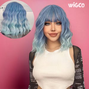 Ombre Blue Wig with Bangs | 14 Inch Short Wavy Glueless Costume Wig | WigCo