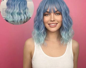 Peluca azul ombré con flequillo / Peluca corta ondulada de 35,5 cm sin pegamento / WigCo