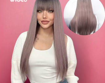 Peluca larga de color lila claro con flequillo, cabello liso en capas de 24 pulgadas / Piper