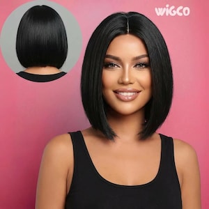 Kort svart peruk med lugg | Rak 25 cm limfri bobperuk för kvinnor | WigCo
