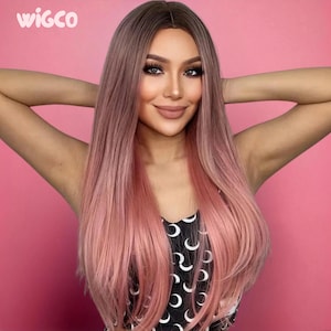 Long Pink Wig | 26” Glueless Ombre Wig | Rose Pink with Brown Root | WigCo