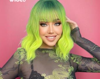 Neon Green Wig With Bangs Bold Lime Green Ombre 14 Inch Wavy
