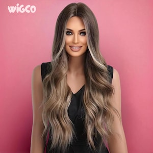 Long Brown Wig with Blonde Highlights | 26” Pre Styled Glueless Wig | Face-Framing Money Piece | WigCo