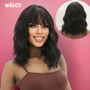 Short Black Wavy Wig with Bangs | 14 Inch Glueless Wig for Women | Natural Bob  | WigCo