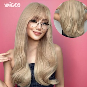 Blonde Wig with Bangs | 26” Long Glueless Synthetic Wig for Women | Straight Heat-Resistant | Natural Blonde | 150% Density | WigCo