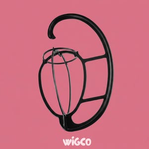 May include: Black wig stand with a curved hook and a cage-like structure to hold wigs. The stand is made of a durable material and features the word "WIGCO" in white, stylized font at the bottom, set against a pink background.