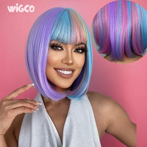 Short Neon Rainbow Wig with Bangs | 10 Inch Colourful Bob | Glueless Party Wig | WigCo
