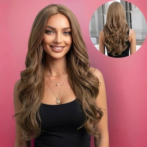 Lange bruine pruik 26 inch voorgevormd | Chocoladebruine pruik met middenstuk | PruikCo