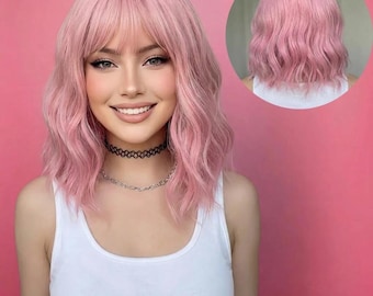 Pink Wig with Bangs | Pastel 14 Inch Short Wavy Glueless Synthetic Wig | WigCo
