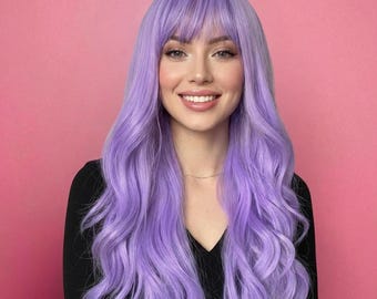 Purple Wig with Bangs 24 Inch Wavy Glueless Synthetic Lilac Lavender Cosplay Wig | WigCo