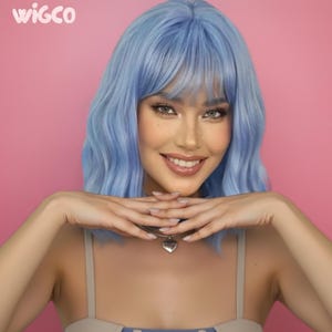 Short Blue Wig with Bangs | 14” Short Wavy Glueless Synthetic Wig | Pastel Periwinkle Blue | Heat-Resistant | 150% Density | WigCo