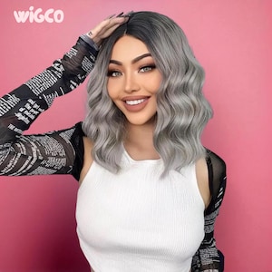 Silver Ombre Grey Wig | 14” Short Wavy Glueless Wig | Salt and Pepper Bob with Dark Roots | WigCo