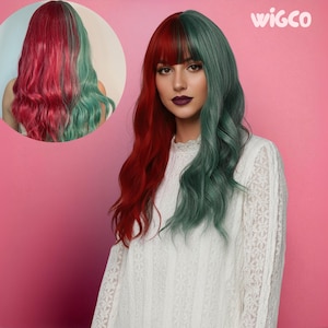 May include: A two-tone wig featuring red and teal green wavy hair. The wig has a side parting and a fringe. The model is wearing a white lace top. The Wigco logo is visible in the upper right corner.