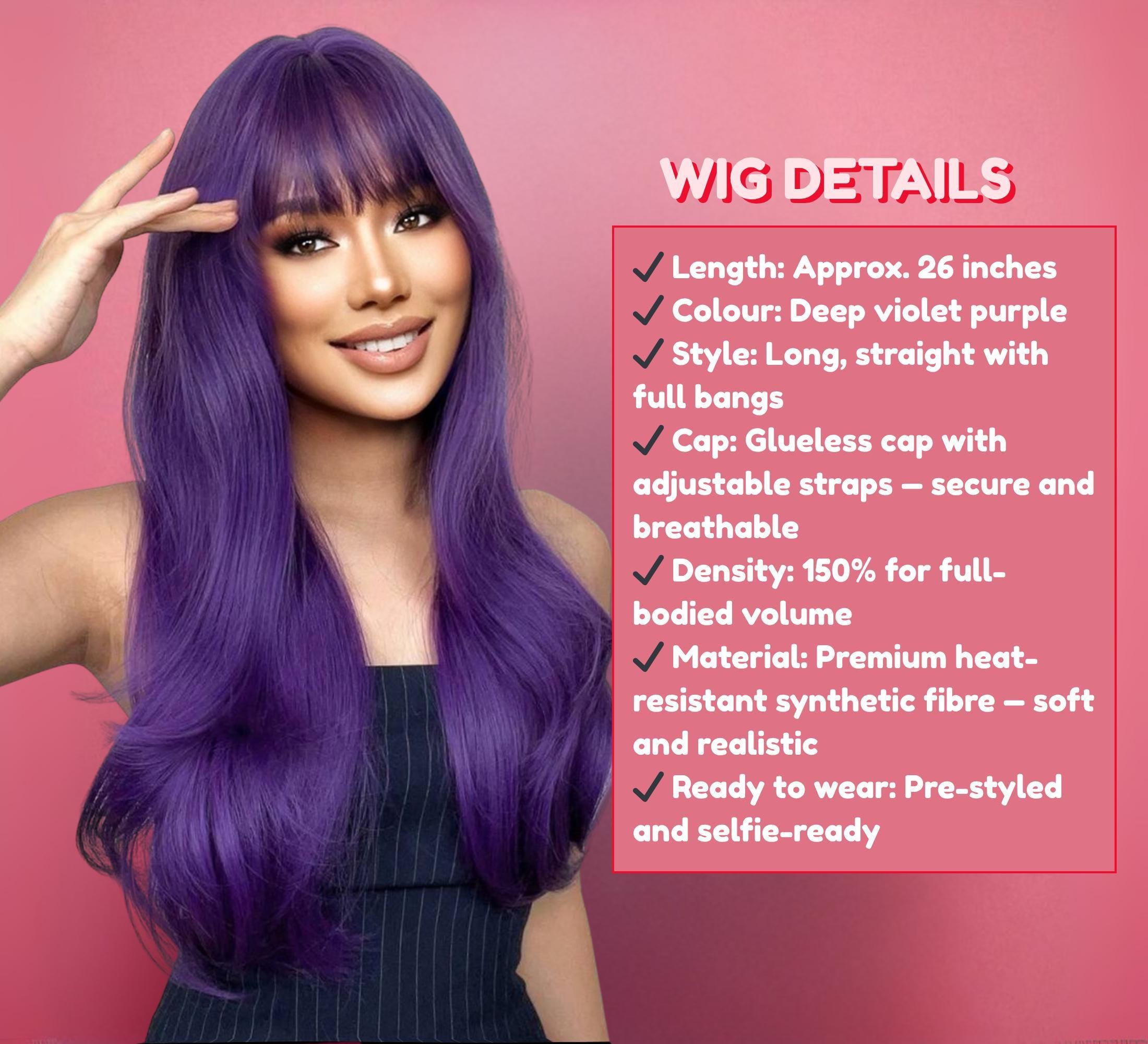 Neon Purple Wig With Bangs | Bright 26 Inch Long Glueless  display picture 1