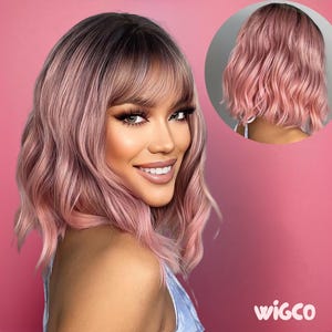 Pink Ombre Wig with Bangs | 14 Inch Short Wavy Glueless Wig | Rose Pink with Brown Root | Heat-Resistant | WigCo