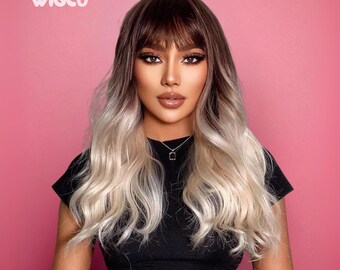 Blonde Ombre Wig With Bangs | 20 Inch Wavy, Brown to  display picture 1