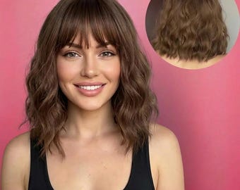 May include: A shoulder-length brown wig with soft waves and straight bangs. The hair features a layered cut with a natural texture. A circular inset shows the back view of the same brown wavy hair, displaying the length and layered style clearly.